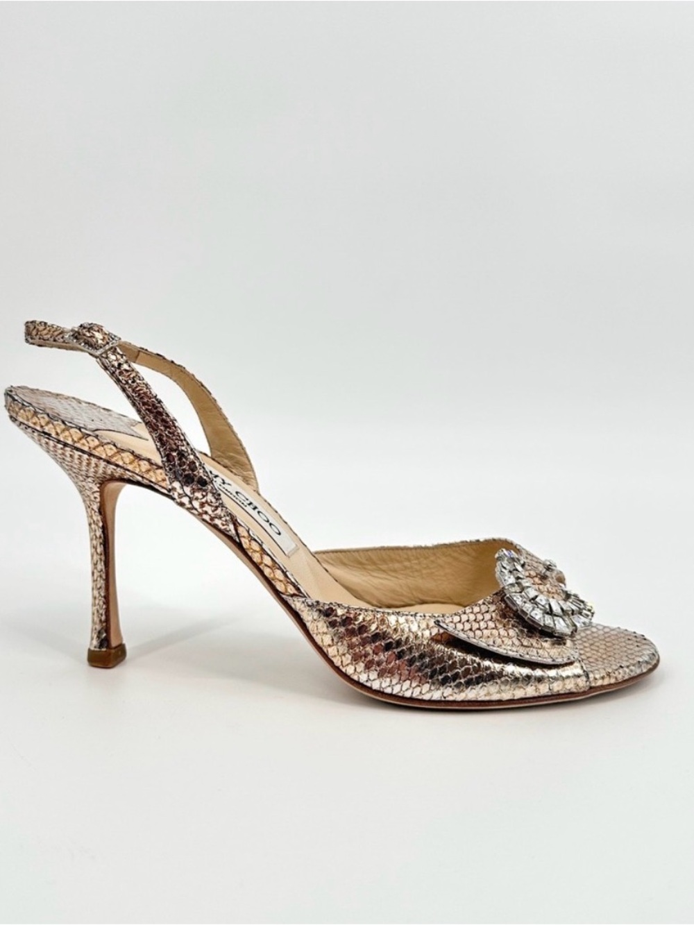 Jimmy Choo Metallic Snake-Embossed
Slingback Heels with Crystal Buckle